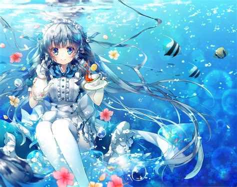 Animal Blue Eyes Blue Hair Bubbles Drink Fish Flowers Headdress Long