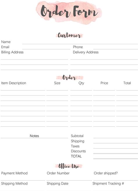 Order Form Invoice Template Editable Custom Receipt