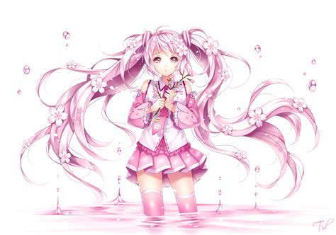 Flowers Hatsune Miku Long Hair Pink Eyes Pink Hair Sakura Miku Signed