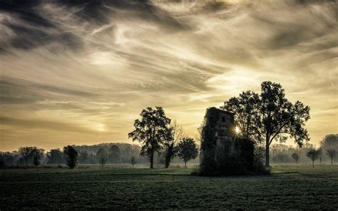 Nature Landscape Mist Sunset Trees Abandoned House