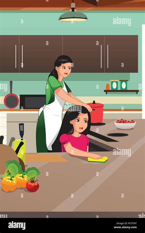 A Vector Illustration Of Mother And Daughter Cooking In The Kitchen Stock Vector Image And Art Alamy