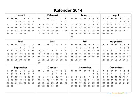 Kalender 2014 Jaarkalender En Maandkalender 2014 Met Weeknummers En