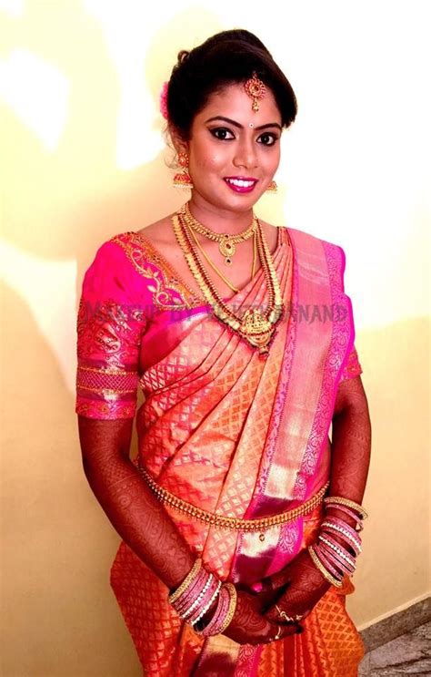 Traditional Southern Indian Bride Chaitra Wears Bridal Silk Saree And