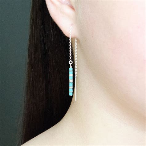 Turquoise Threader Earrings K Gold Ear Threaders Blue Etsy