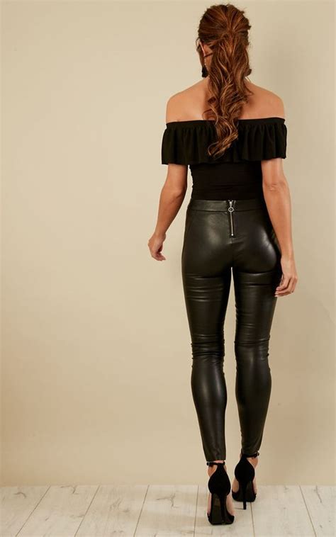Image Of Black Faux Leather Pants With Back Zipper