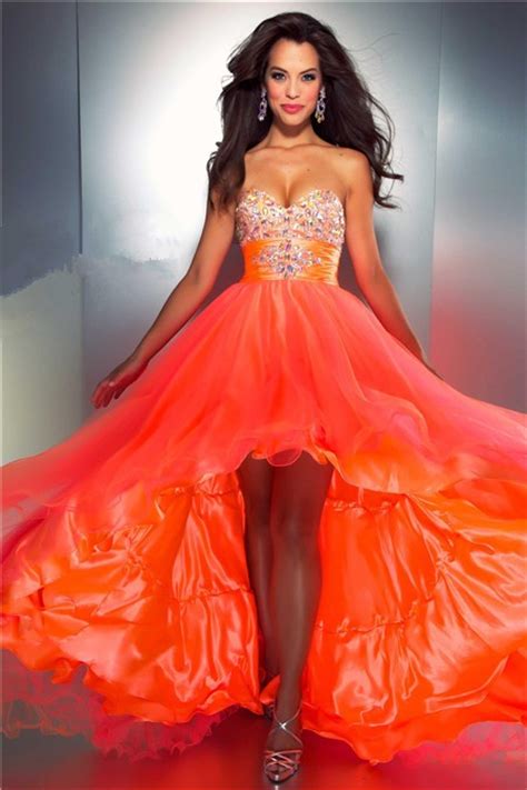 A Line Sweetheart High Low Orange Silk Tulle Beaded Party Prom Dress