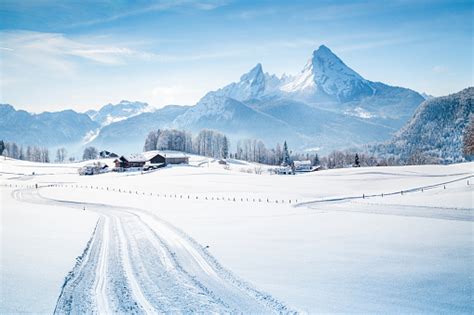 Winter Wonderland Scenery With Trail In The Alps Stock Photo Download