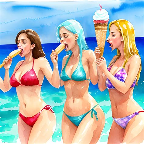 Three Women In Bikini Licking A Huge Icecream Water Color Arthub Ai