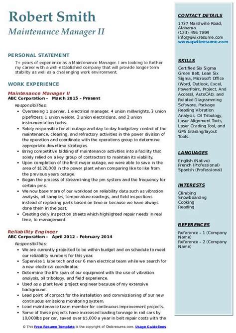 Repair and maintenance, preventative maintenance, service calls, training, scheduling of work and adherence to all safety, park and departmental policies. Maintenance Manager Resume Samples | QwikResume
