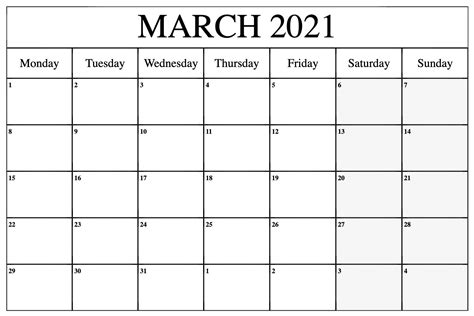 Udskriv og hæng den på opslagstavlen eller ligge den under. March 2021 Calendar in PDF Word Excel Printable Template