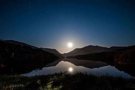 Wallpaper Moon Mountain Lake Water Night Stars Nighttime