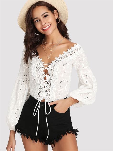 Lace Trim Plunge Neck Eyelet Embroidered Bodysuit Embroidered