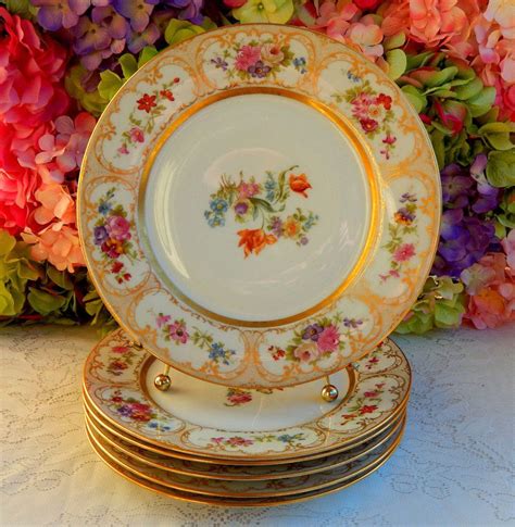 6 Vintage Limoges Porcelain Dinner Plates Dresden Flower Pattern