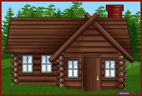A Drawing Of A Log Cabin With Windows And A Chimney On The Roof Is Shown