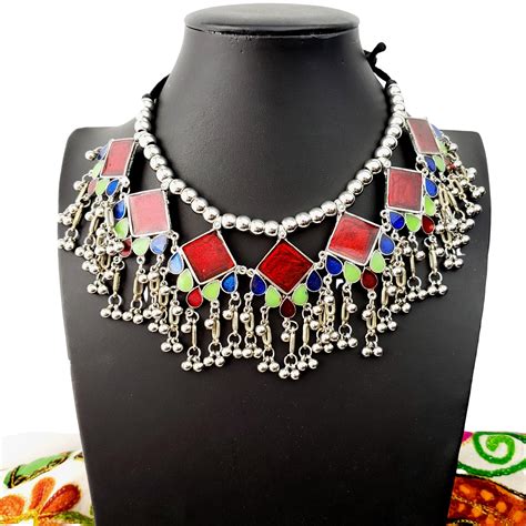 Colorful Afghani Choker Necklace German Silver Indian Necklace Ethnic