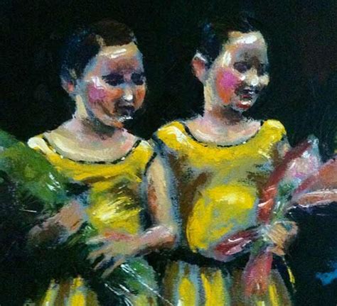 Bold Oil Painting Palette Knife Twin Girls Yellow Dresses Girls Yellow Dress Dress Painting