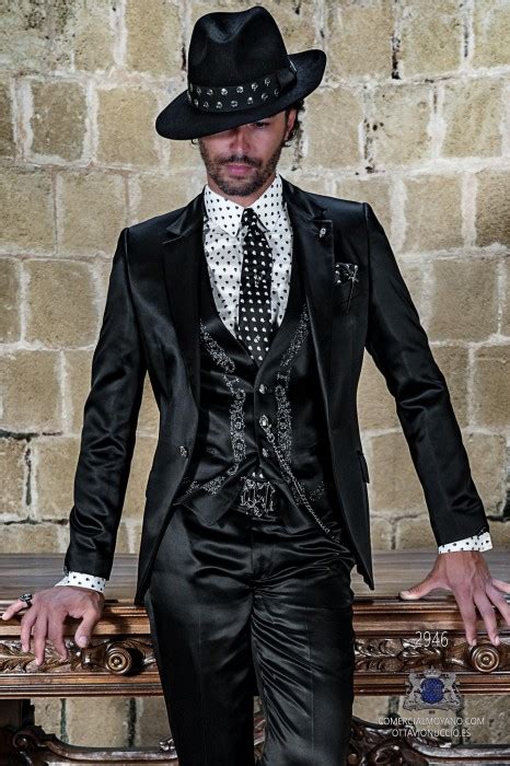 Black Satin Rocker Groom Suit With Modern Tailored Italian Cut 2946