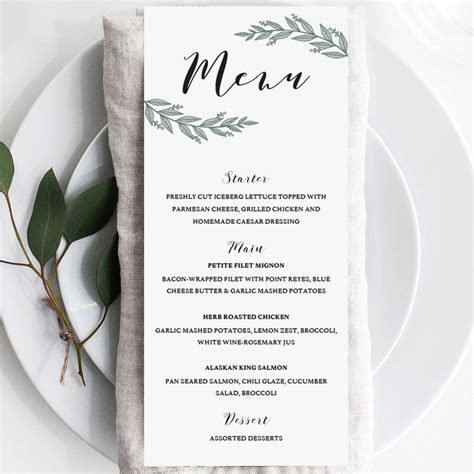 Printable Dinner Party Menu Card Green Leaves Editable Pdf