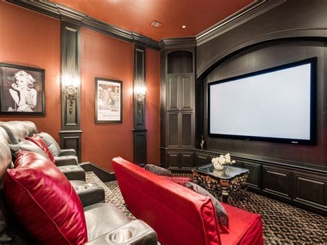 Traditional Home Theater With High Ceiling Carpet Crown Molding Wall