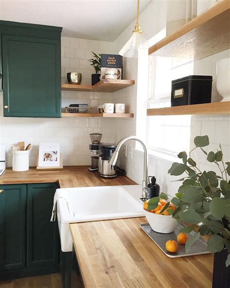 Dark Green Kitchen Cabinets With Butcher Block Countertops Greencamiljo