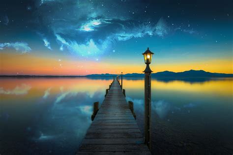 nebula, Space, Lake, Evening, Photo manipulation, Bridge, Water HD Wallpapers / Desktop and ...