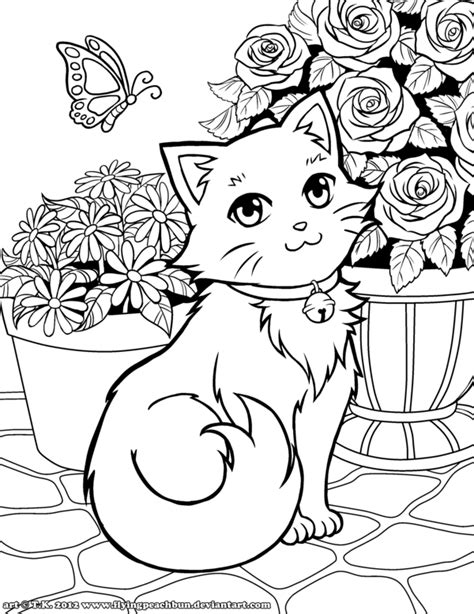 Coloring Lineart Cute Kitty And Flowers By Flyingpeachbun On
