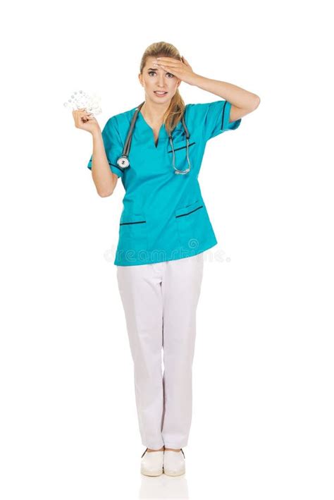 Shocked Female Doctor Or Nurse Looking Up Stock Photo Image Of Female Coat