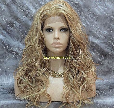 Human Hair Blend Hand Tied Monofilament Lace Front Full Wig Long Wavy Blonde Mix Ebay Wigs