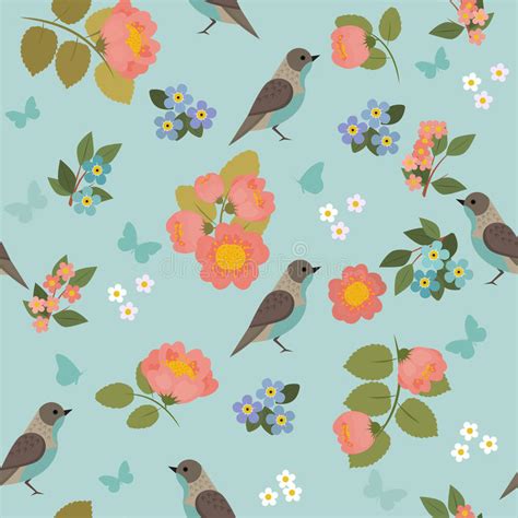 Romantic Seamless Pattern With Birds Butterflies And Flowers Stock