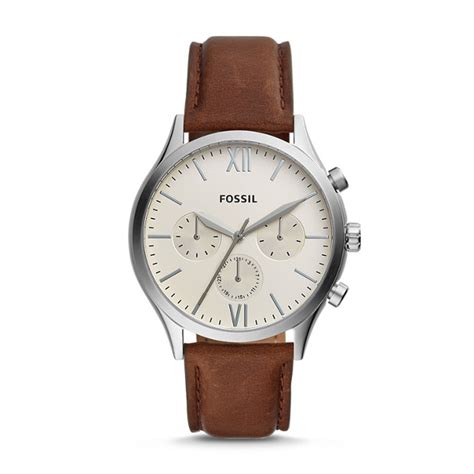 Fenmore Midsize Multifunction Brown Leather Watch Fossil
