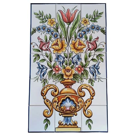 Azulejos Portuguese Hand Painted Tiles Colourful Flower Vase Signed