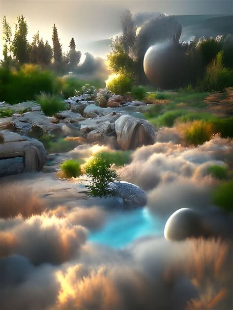 An Artistic Landscape With Clouds Rocks And Trees