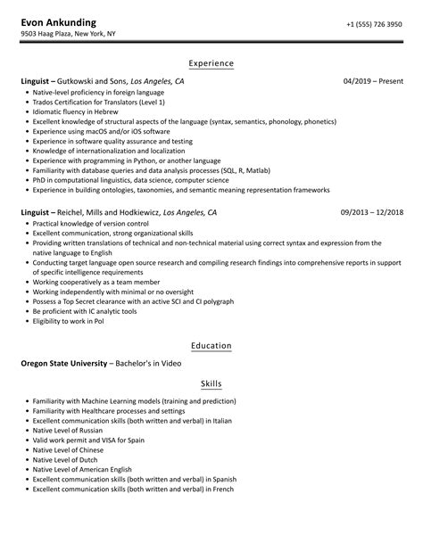 Linguist Resume Samples Velvet Jobs