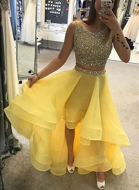 Charming A Line Two Piece High Low Yellow Prom Dress Beading Organza