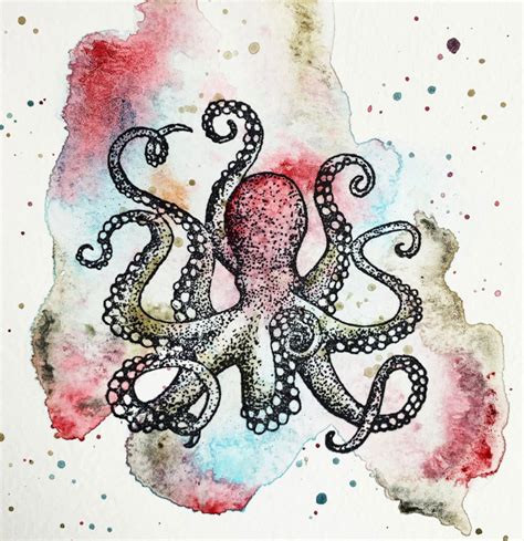 Original Stamped Ink Octopus Watercolor 6x6 Painting One Etsy
