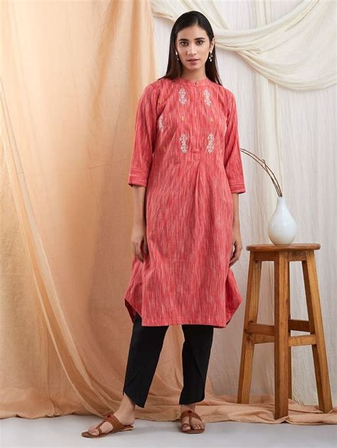 Buy Red Embroidered Cotton Kurta With Black Dhoti Pants Set Of 2
