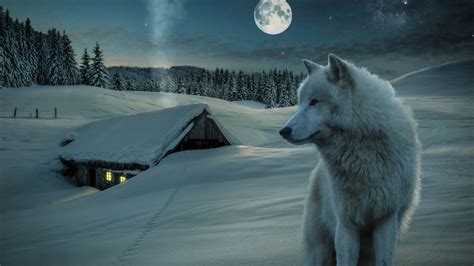 Animal White Wolf Standing On Snowy Mountain With Background Of Moon