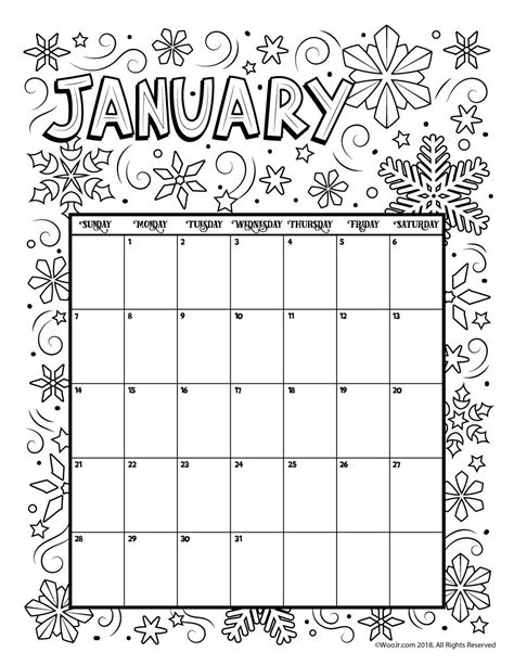 January 2018 Coloring Calendar Page Woo Jr Kids Activities