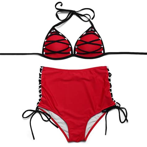 Trangel High Waist Women Swimsuit Sexy Swimwear Solid Red Bikini Set For Women Halter Swimwear