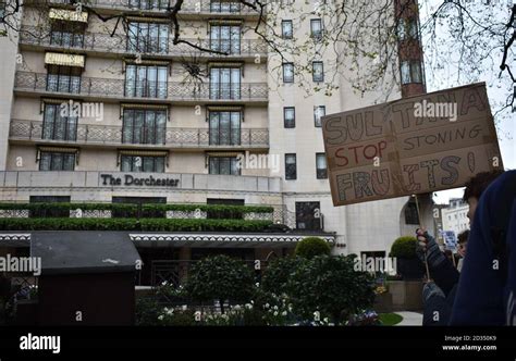 protestors outside the dorchester hotel on park lane london demonstrating against the brunei