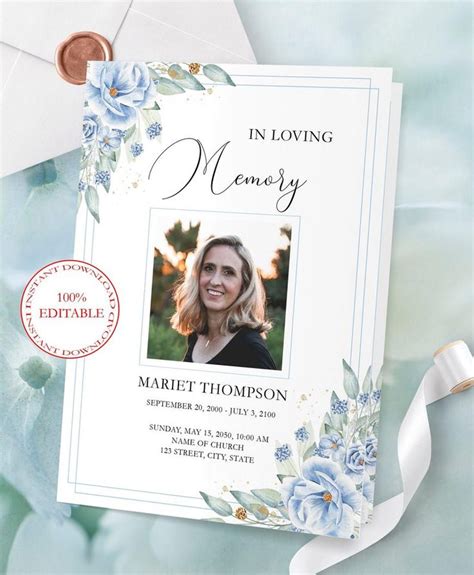 Editable Funeral Program Blue Floral Memorial Service Etsy Funeral