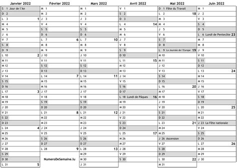 Calendrier 2022 Avec Jours Fériés En Luxembourg Et Numéro Des Semaines