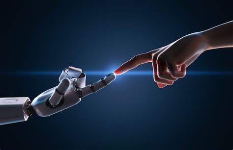 人間の指をロボットの指に接続する3dレンダリングによる技術接続の概念 プレミアム写真