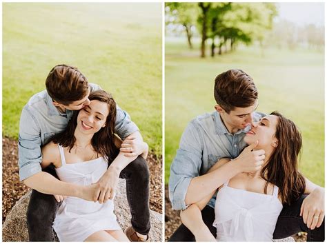 Couple Pose Sitting In His Lap And Kissing Kayla Tison Photography Engagement Phot Michigan