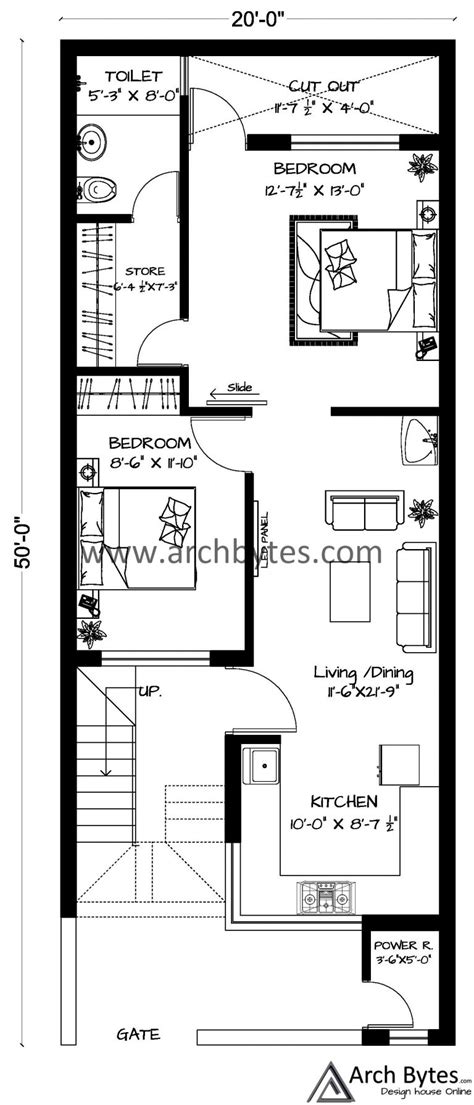 House Plan For 20 X 50 Feet Plot Size 66 Sq Yards Gaj Archbytes