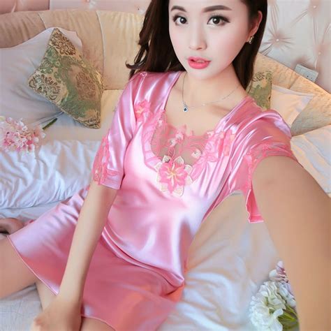 Buy 2017 New Female Silk Nightgown Sleepshirts Short