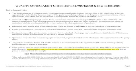 Internal Quality Audit Checklist Iso 134852003 And Iso 90012000 Pdf
