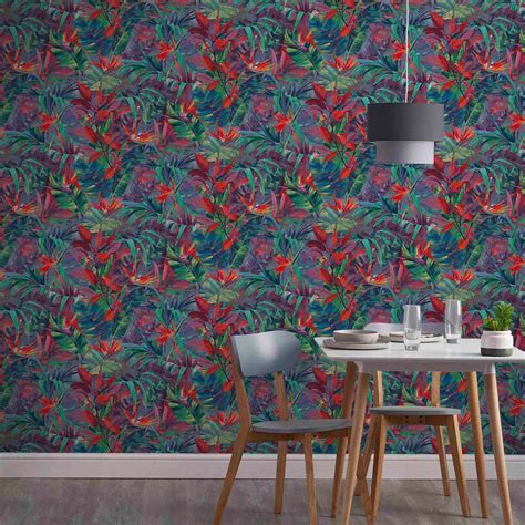 Grandeco Red And Green Paradise Jungle Painted Flower Textured