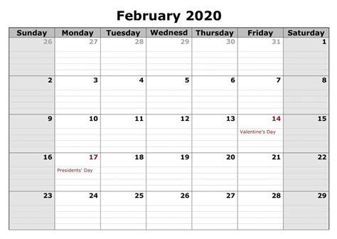 Monthly February 2020 Calendar With Holidays Template One Platform