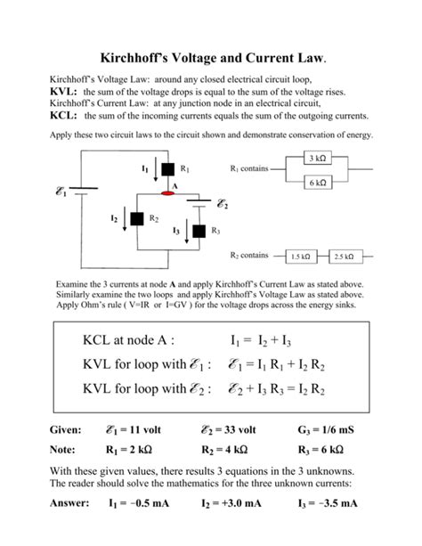 Kirchhoffs Voltage And Current Law Kcl At Node A I1 I2 I3 Kvl